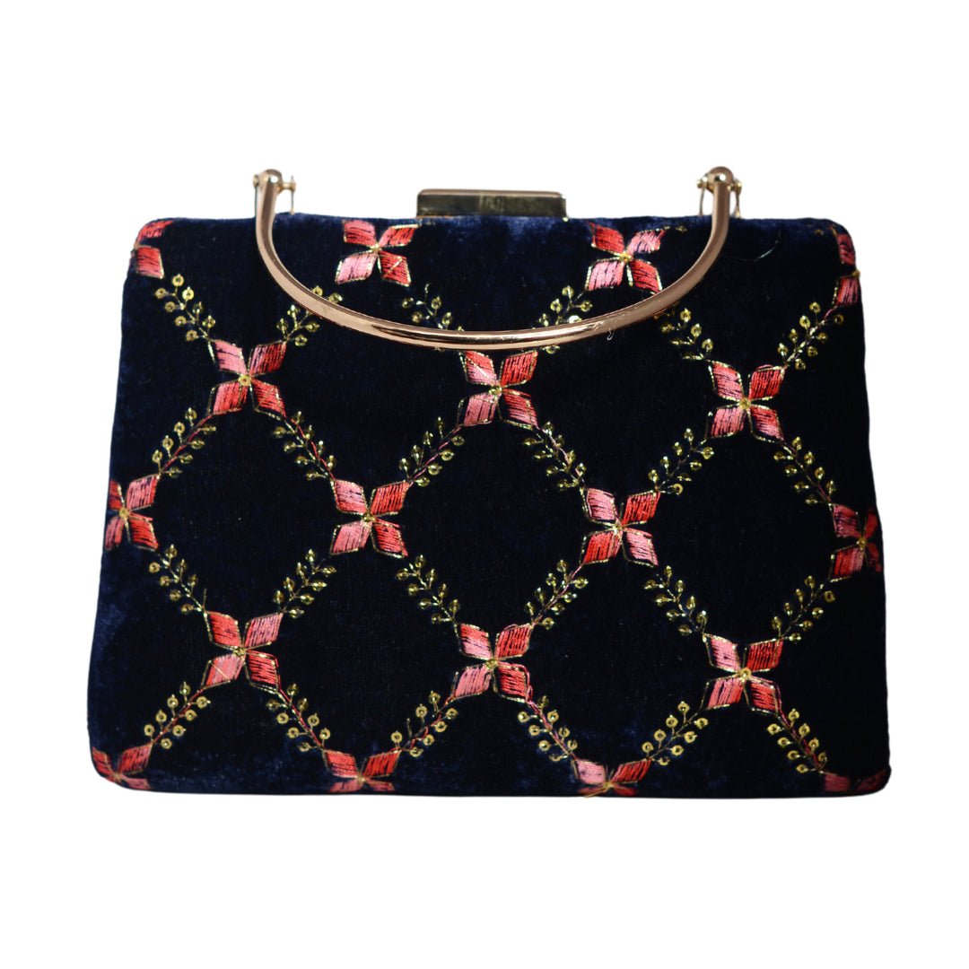 Blue Embroidery Velvet Clutch