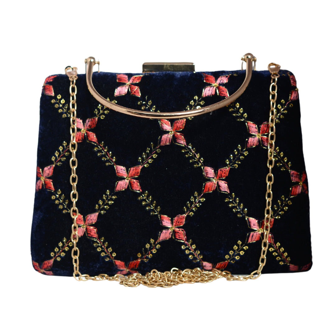 Blue Embroidery Velvet Clutch