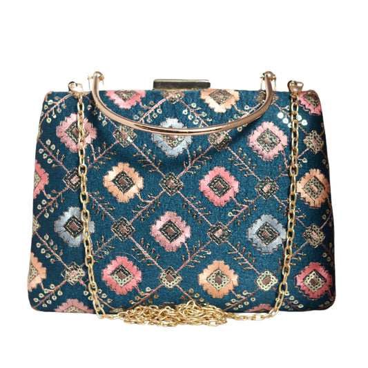 Jade Blue Sequins Embroidery Clutch