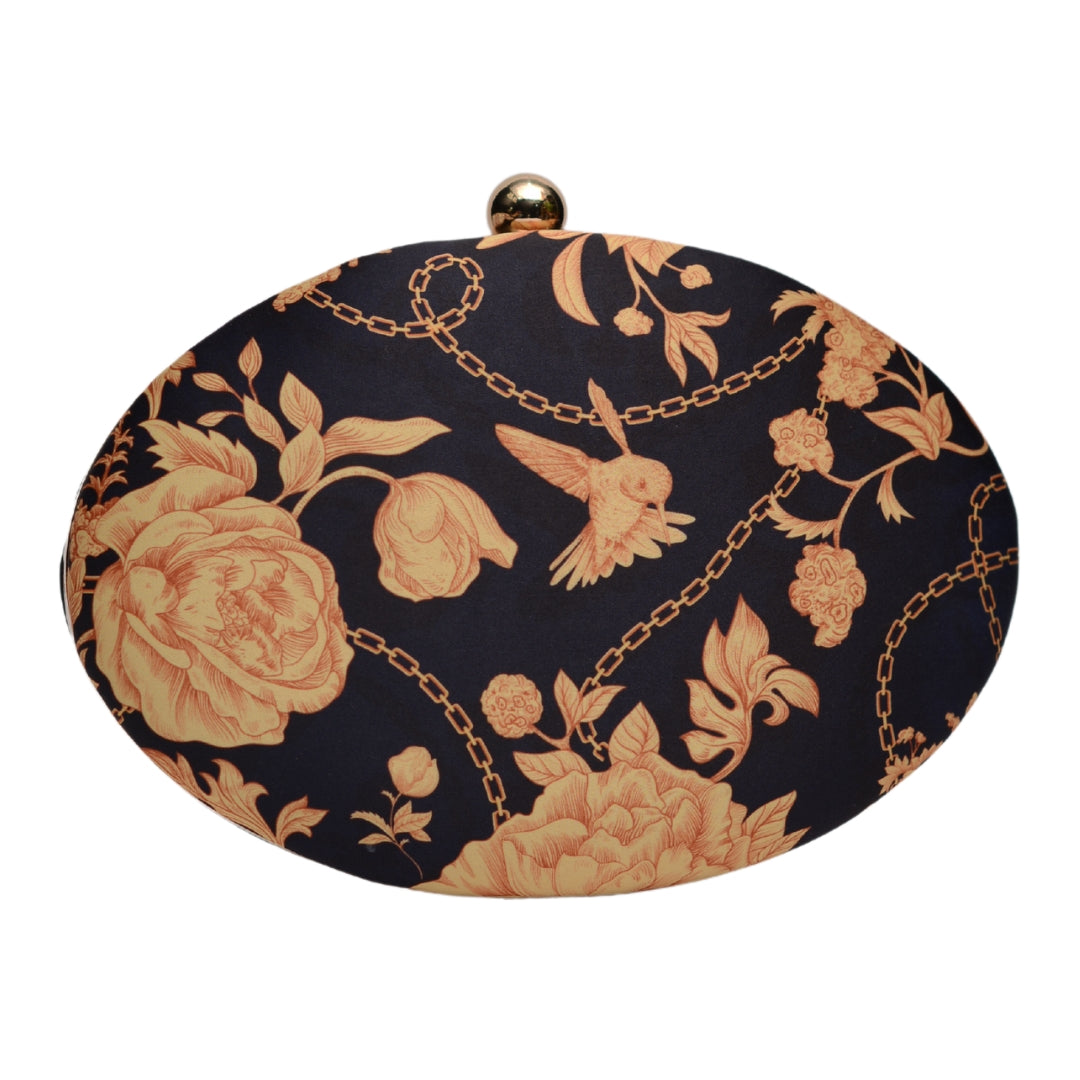 Black Based Floral Printed Oval Clutch