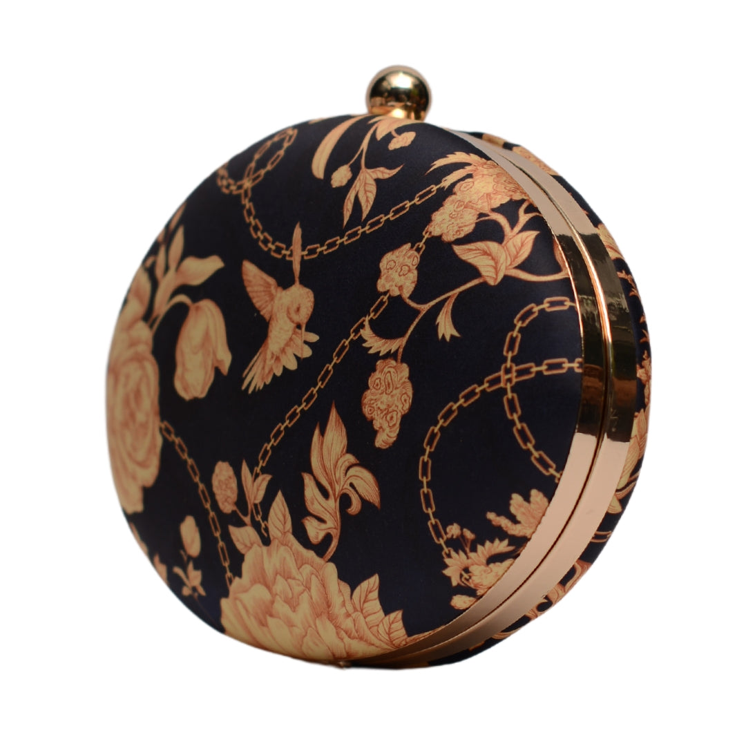 Black Based Floral Printed Oval Clutch