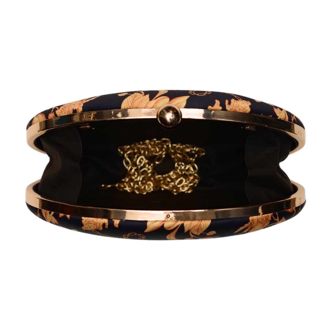 Black Based Floral Printed Oval Clutch