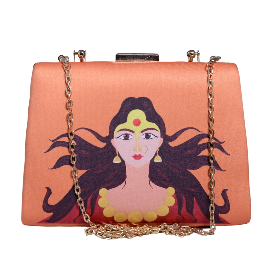 Orange Durga Printed  Clutch