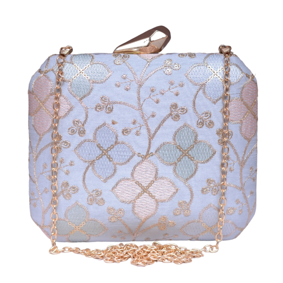 White Floral Sequins Embroidery Fabric Clutch