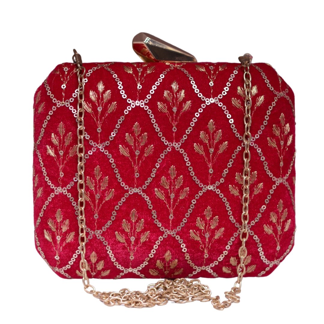 Red Sequins Embroidery Fabric Clutch