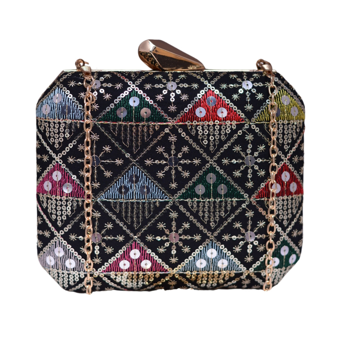 Black Multipattern Sequins Embroidery Fabric Clutch