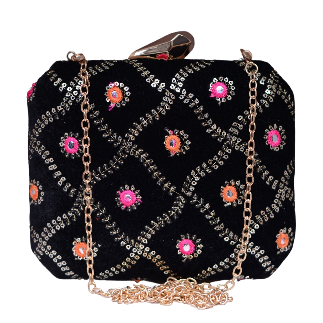 Black Sequins Embroidery Fabric Clutch