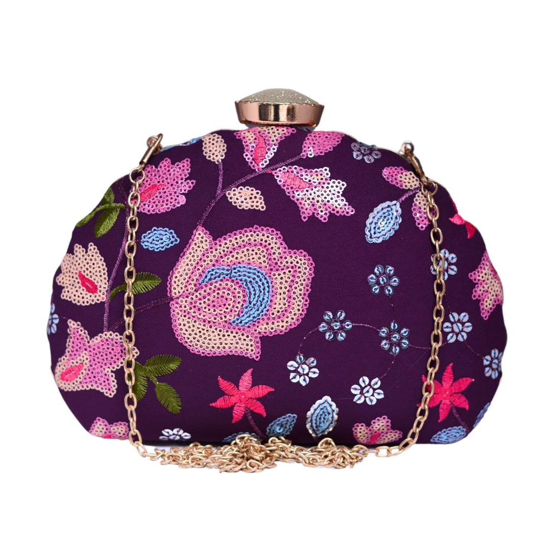 Wine Sequins Floral Party Clutch