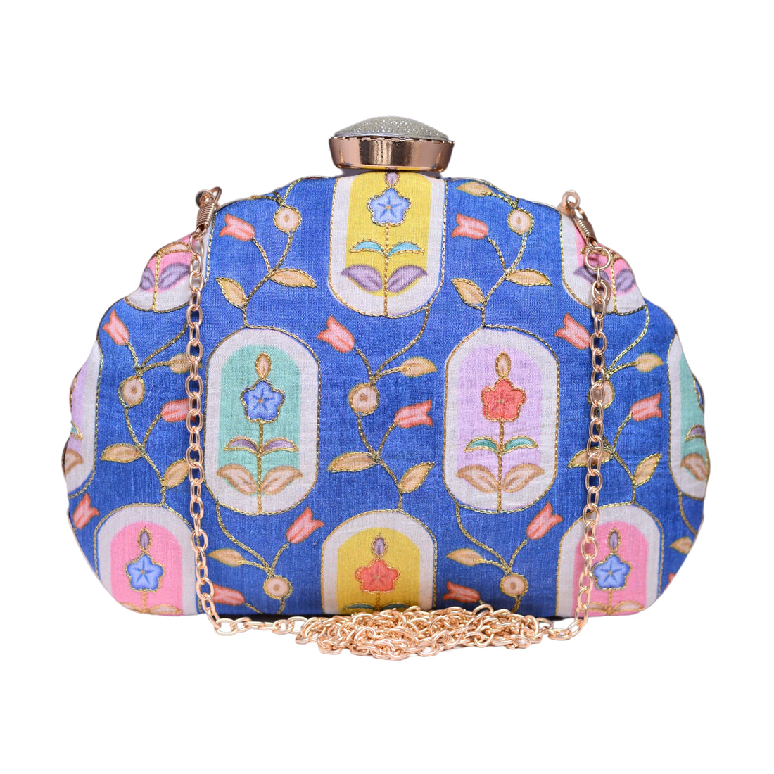 Blue Motif Printed Golden Zari Fabric Clutch