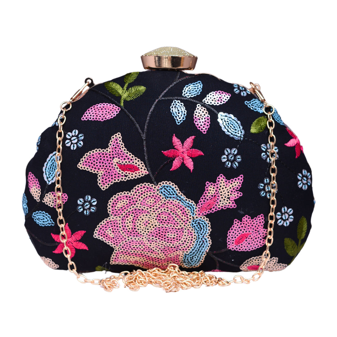 Black Floral Sequins Embroidery Party Clutch