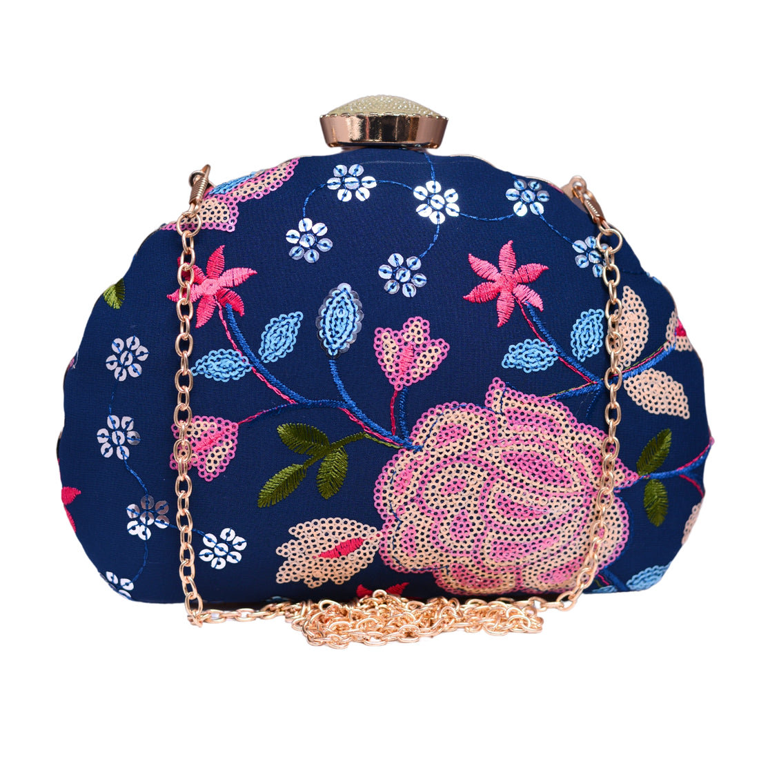 Blue And Pink Floral Embroidery Party Clutch