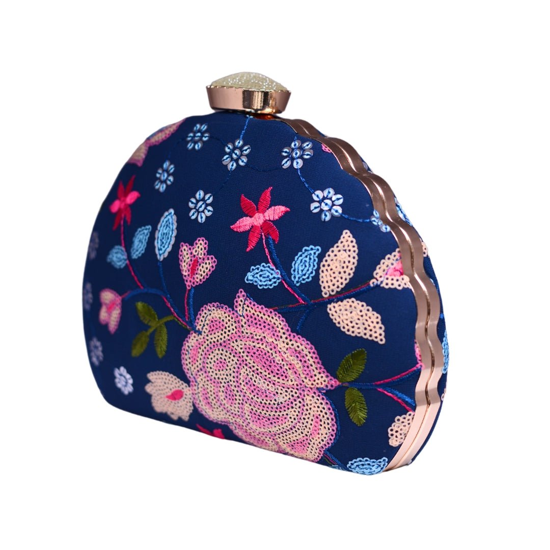 Blue And Pink Floral Embroidery Party Clutch