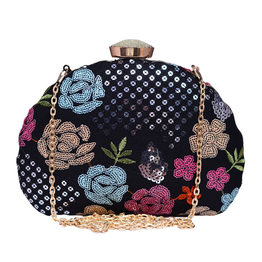 Black Floral Sequins Fabric Clutch