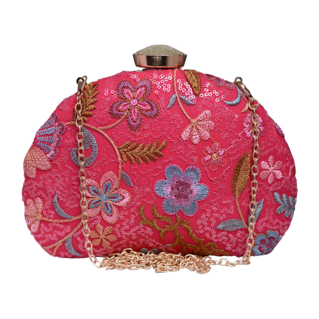 Pink Floral Embroidered Party Clutch