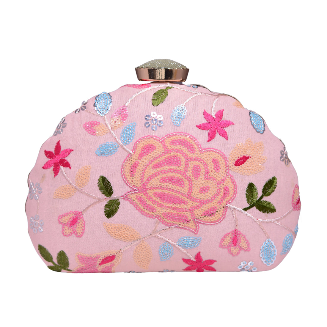 Pink Rose Sequins Embroidered Fabric Clutch