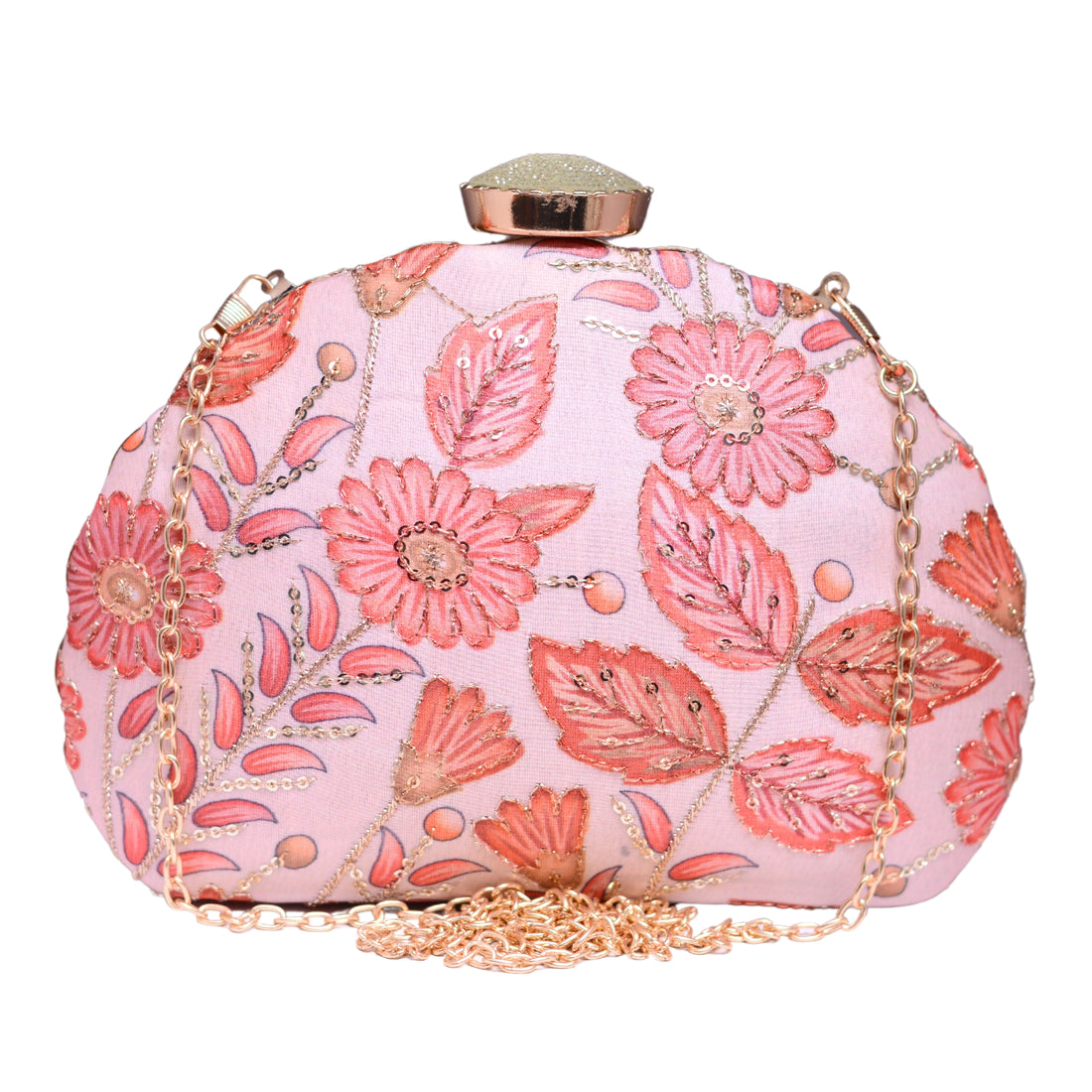 Peach Floral Printed Zari Fabric Clutch