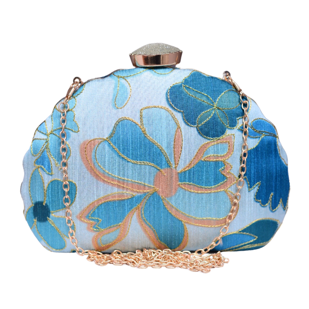 Blue Floral Golden Zari Fabric Clutch