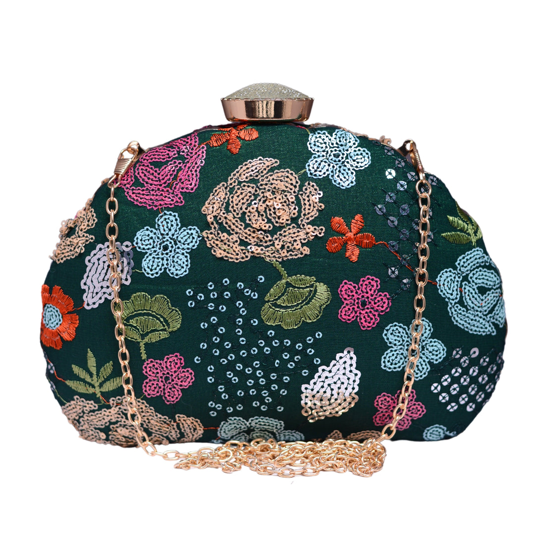 Green Floral Sequins Fabric Clutch