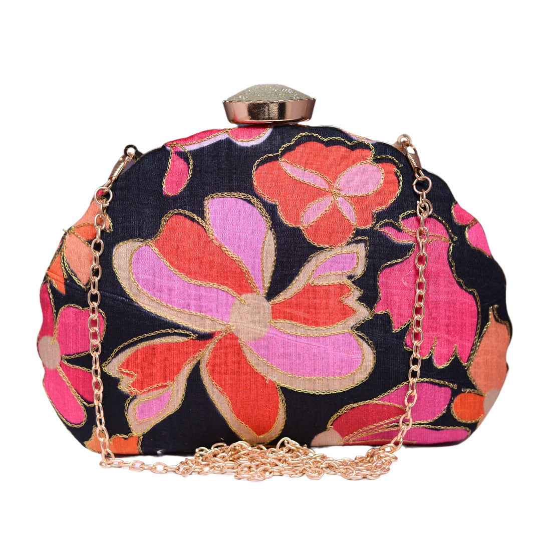 Black And Pink Floral Printed Fabric Clutch