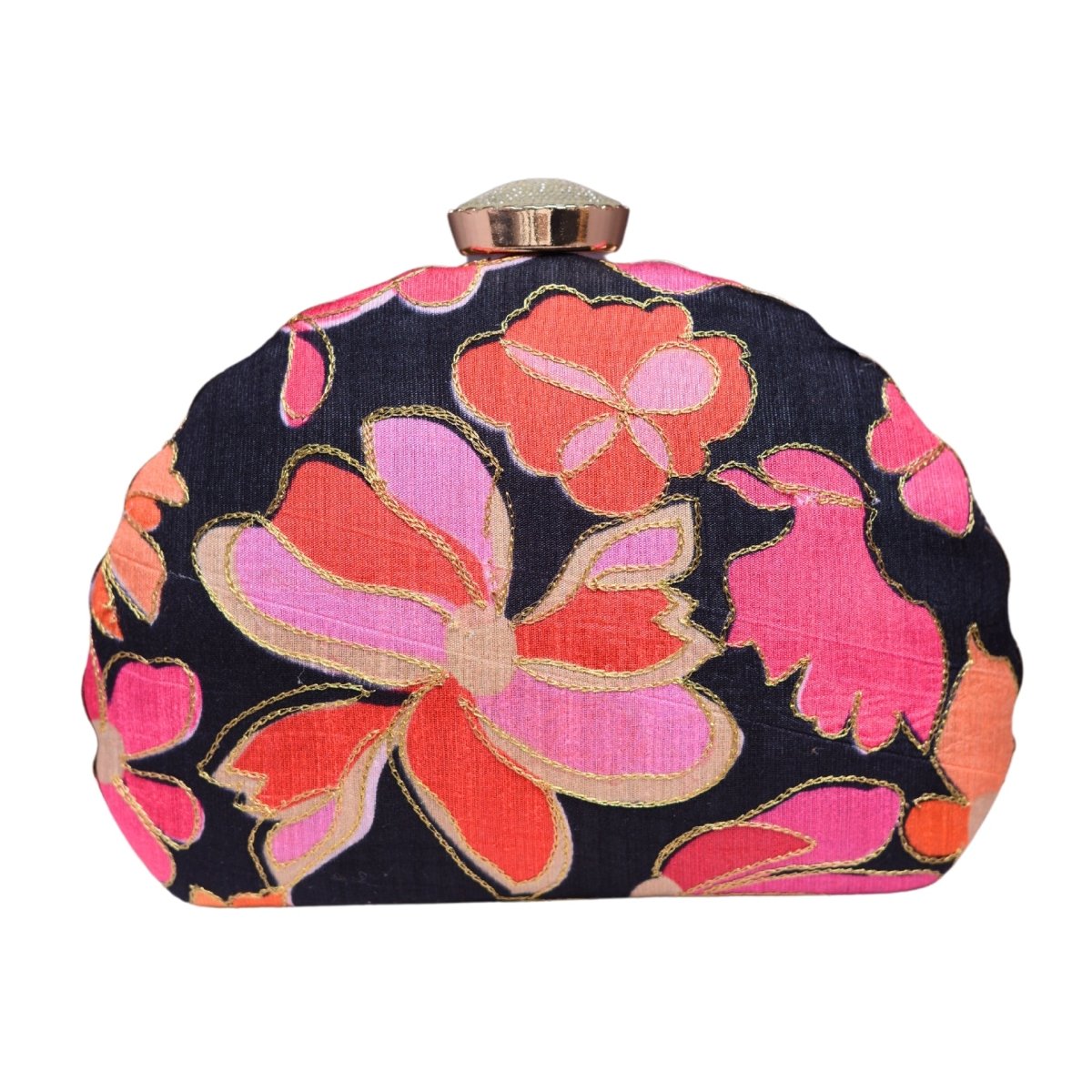 Black And Pink Floral Printed Fabric Clutch
