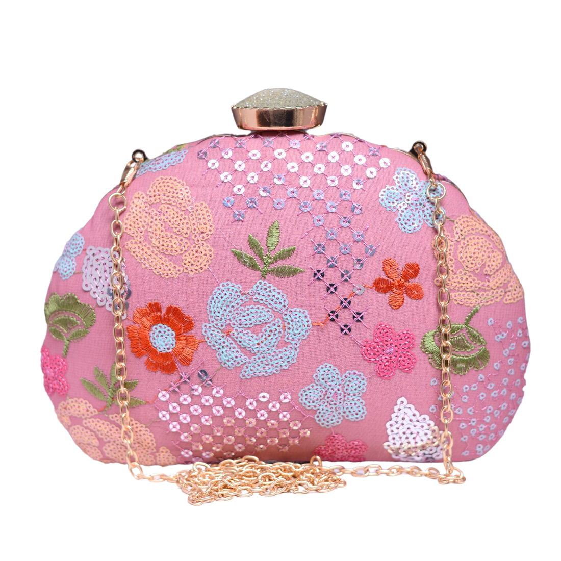 Pink Floral Sequins Embroidered Fabric Clutch