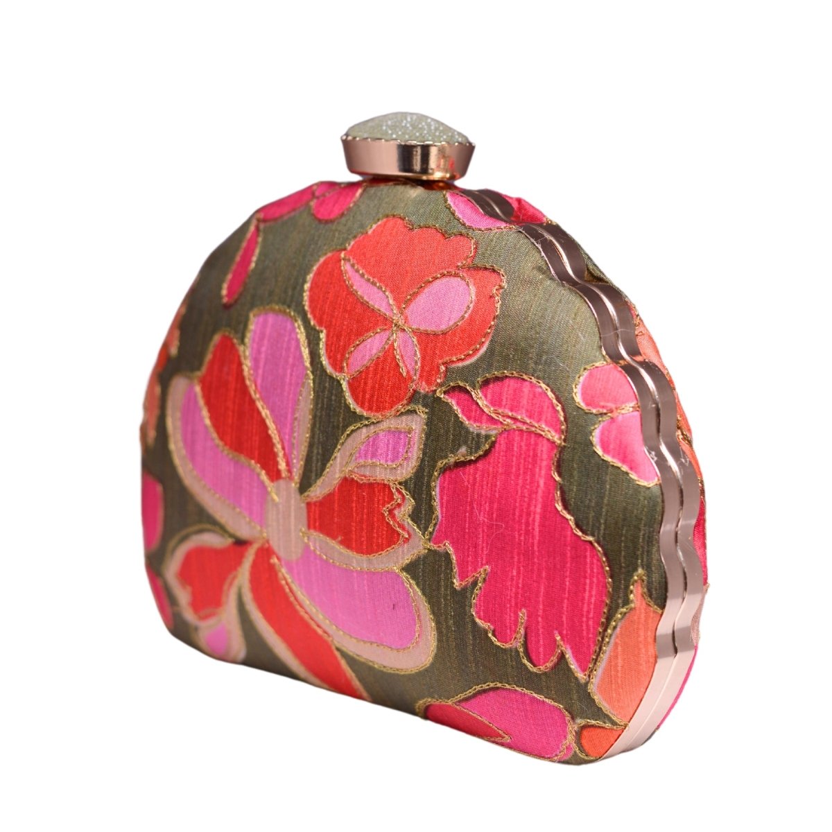Olive Green And Pink Floral Printed Fabric Clutch