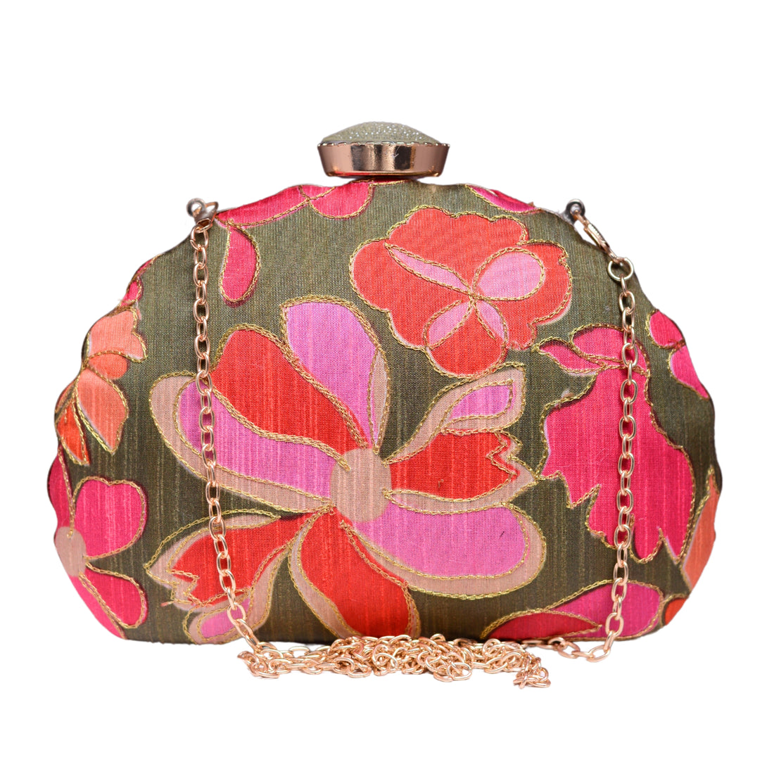 Olive Green And Pink Floral Printed Fabric Clutch