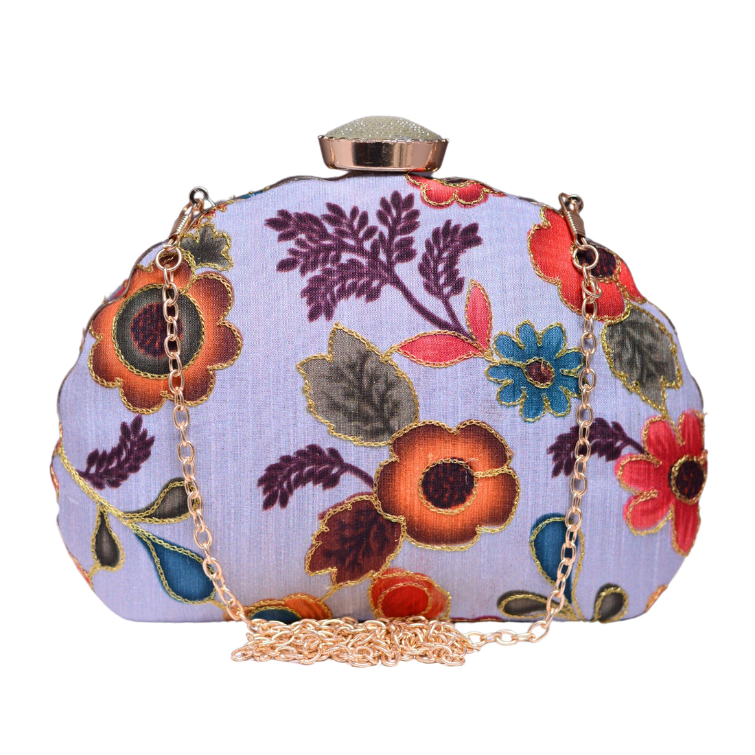 Lavender Floral Printed Zari Fabric Clutch