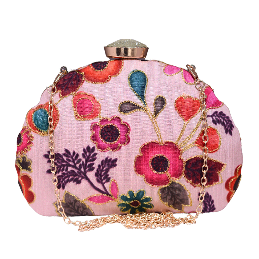 Baby Pink Floral Printed Zari Fabric Clutch