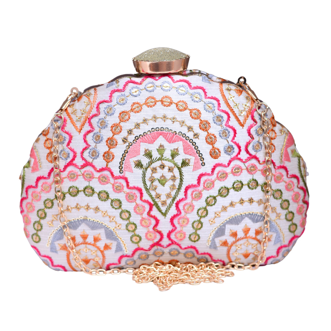 White Sequins Embroidered Fabric Clutch