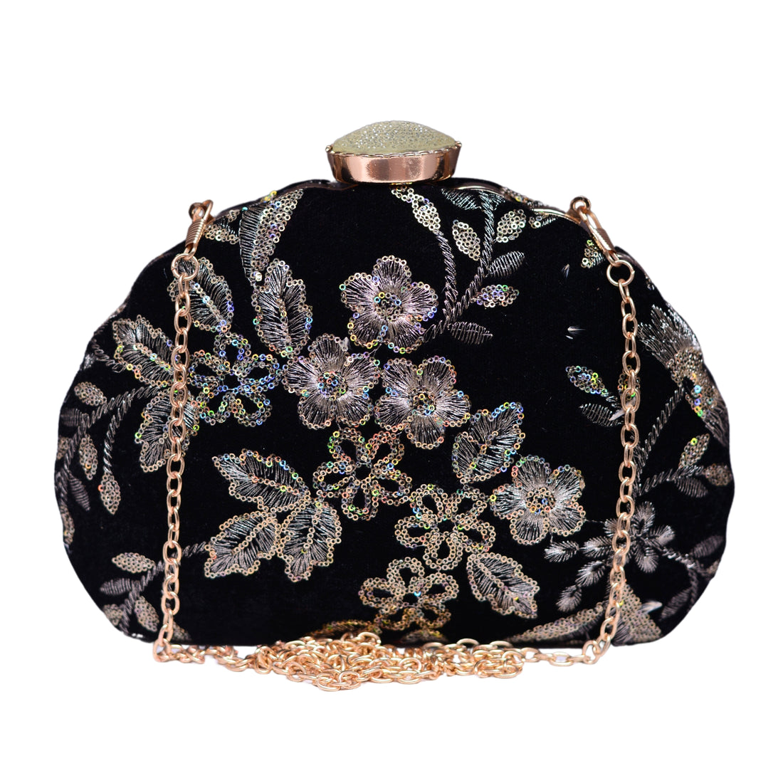 Black Floral Sequins Fabric Clutch