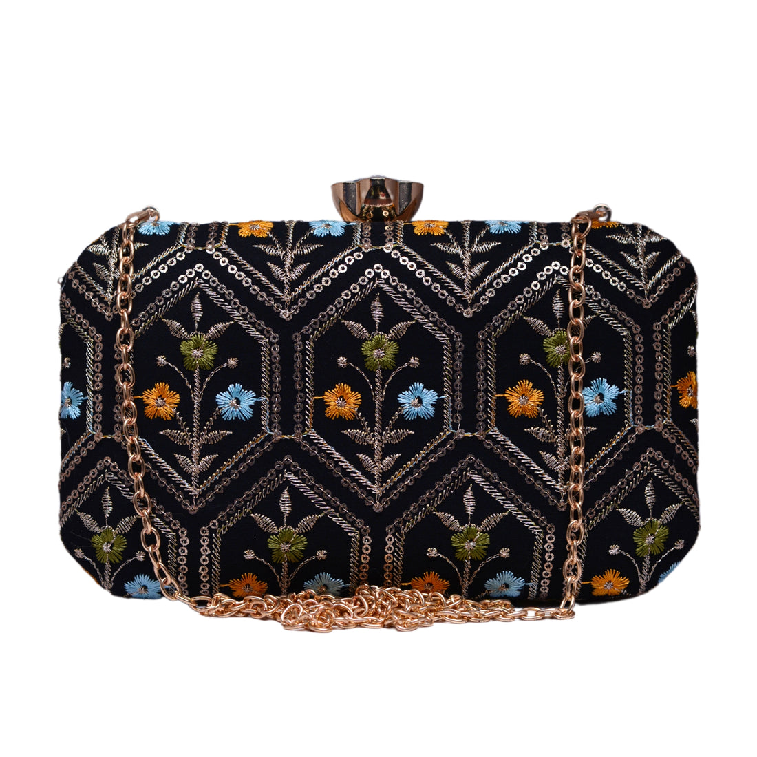 Black Floral Sequins Embroidery Fabric Clutch