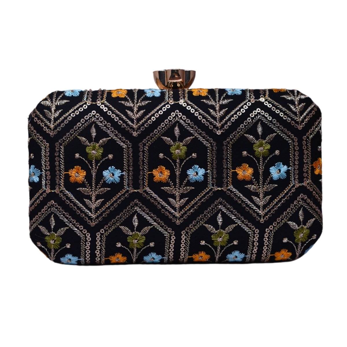 Black Floral Sequins Embroidery Fabric Clutch