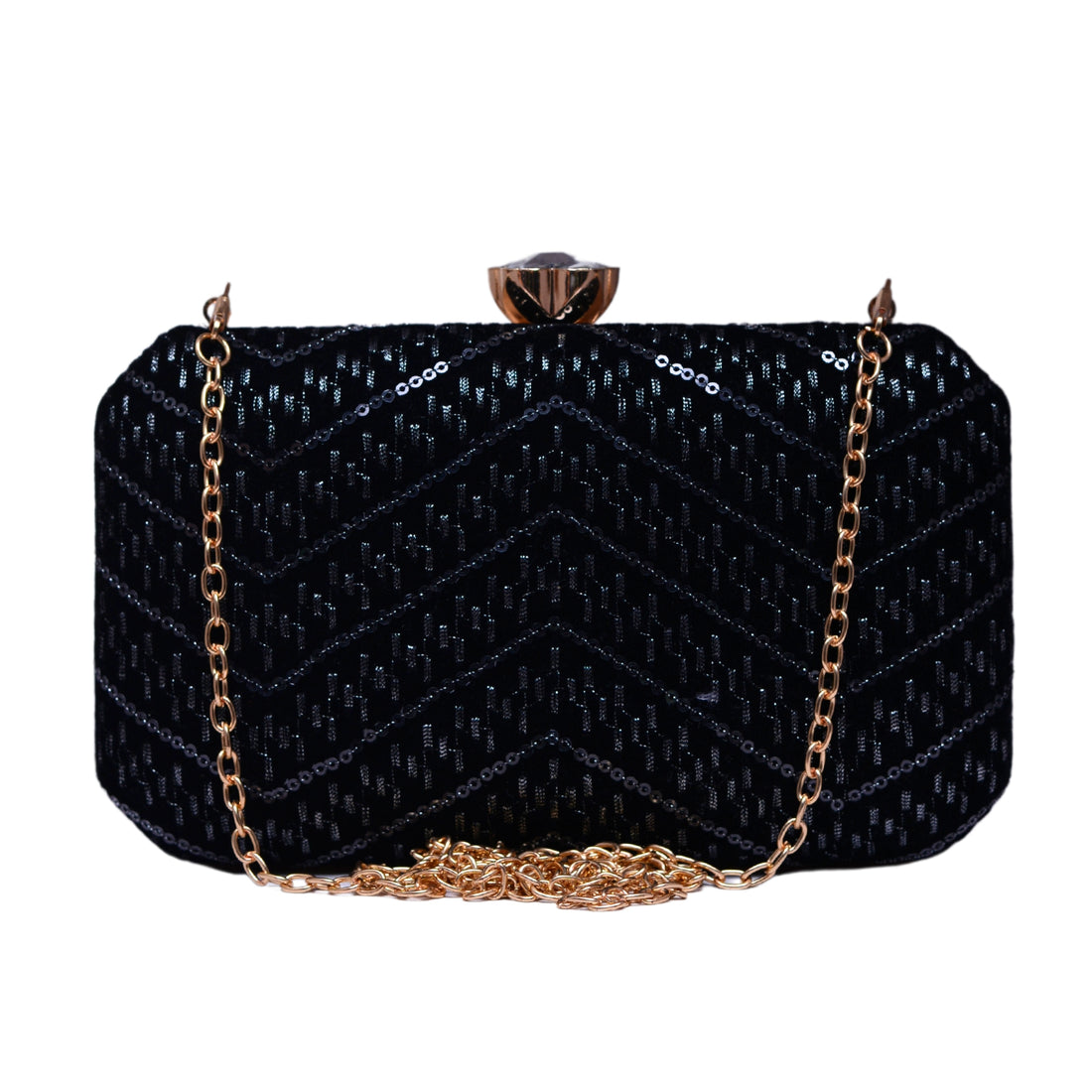 Black Zigzag Sequins Embroidery Fabric Clutch