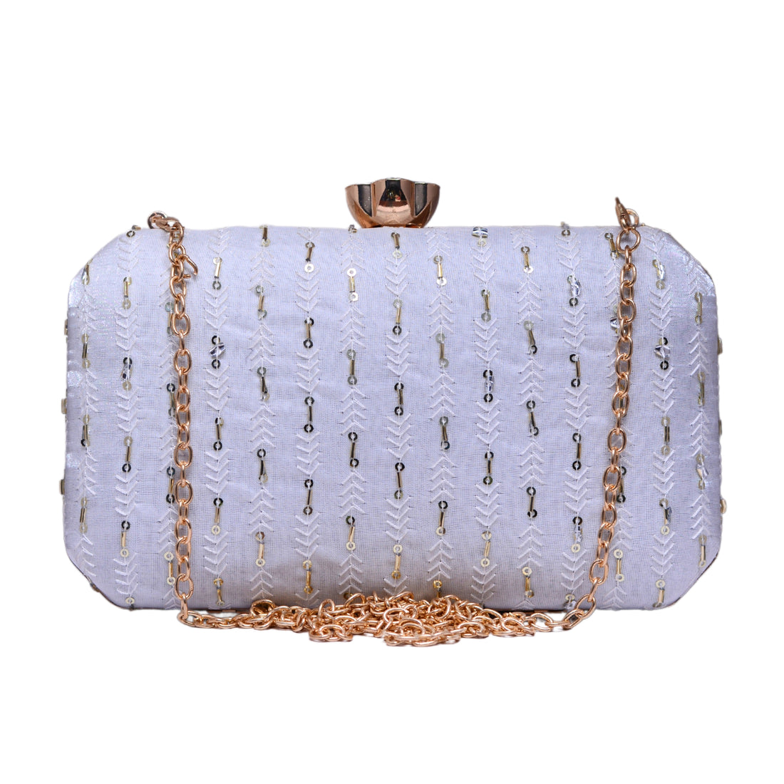 White Thread Embroidery Fabric Clutch