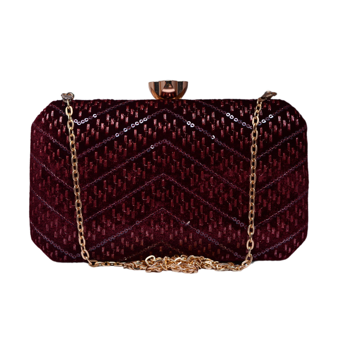 Maroon Zigzag Sequins Embroidery Fabric Clutch