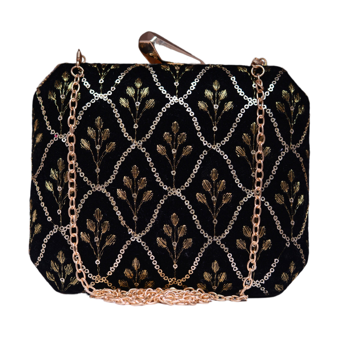 Black Floral Sequins Embroidery Fabric Clutch