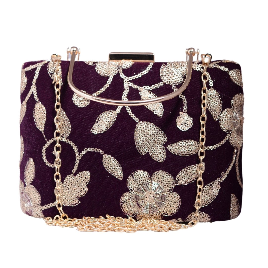 Brown And Golden Sequins Embroidery Party Clutch