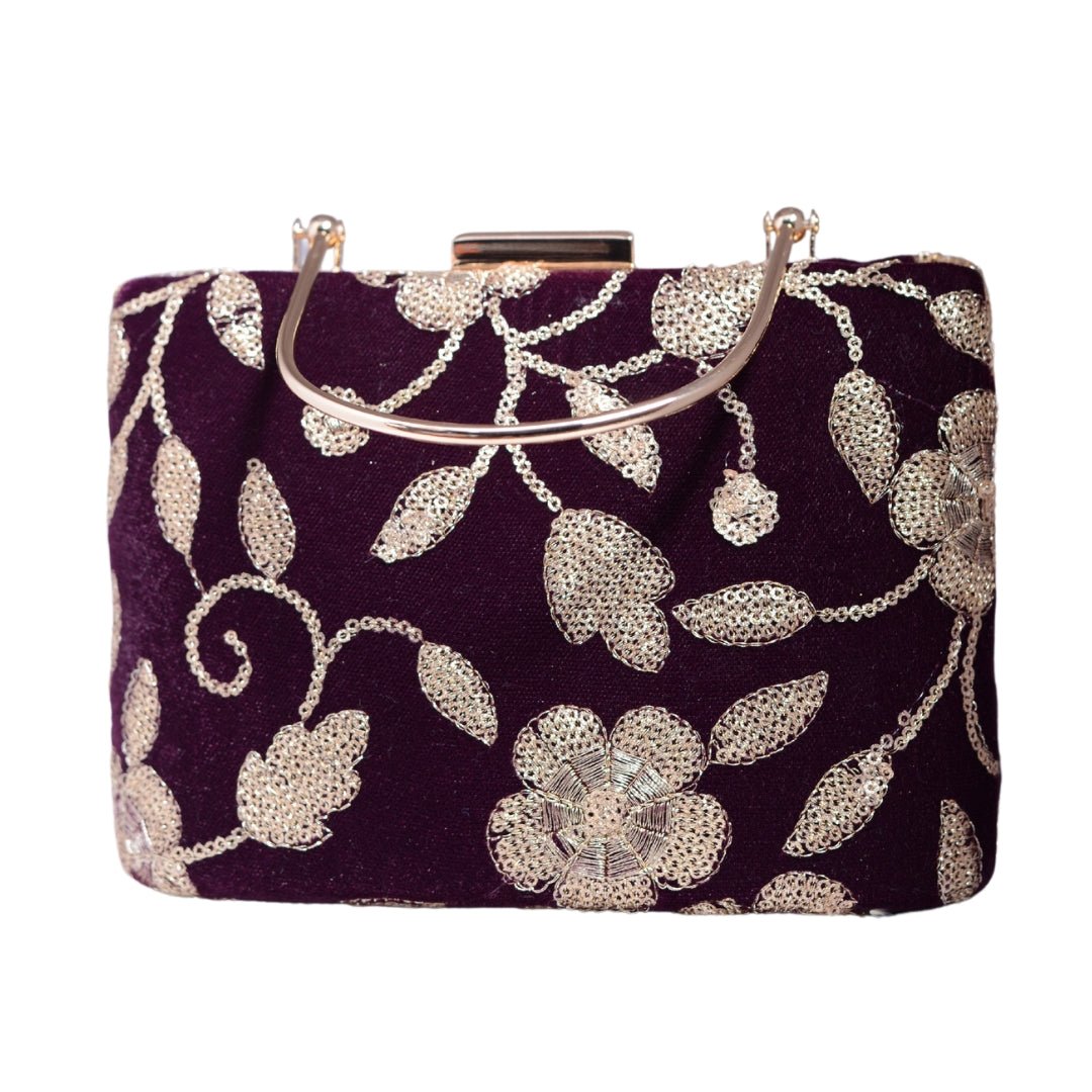 Brown And Golden Sequins Embroidery Party Clutch