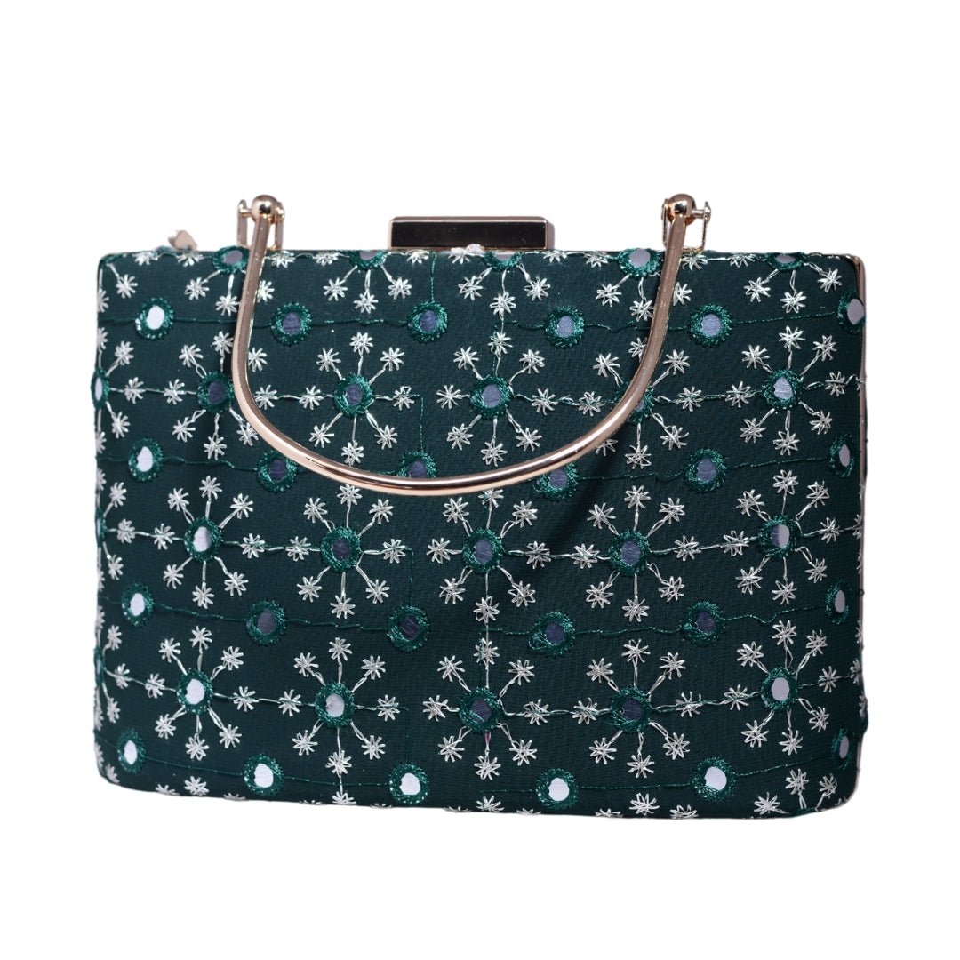 Marine Green Sequins Embroidery Party Clutch