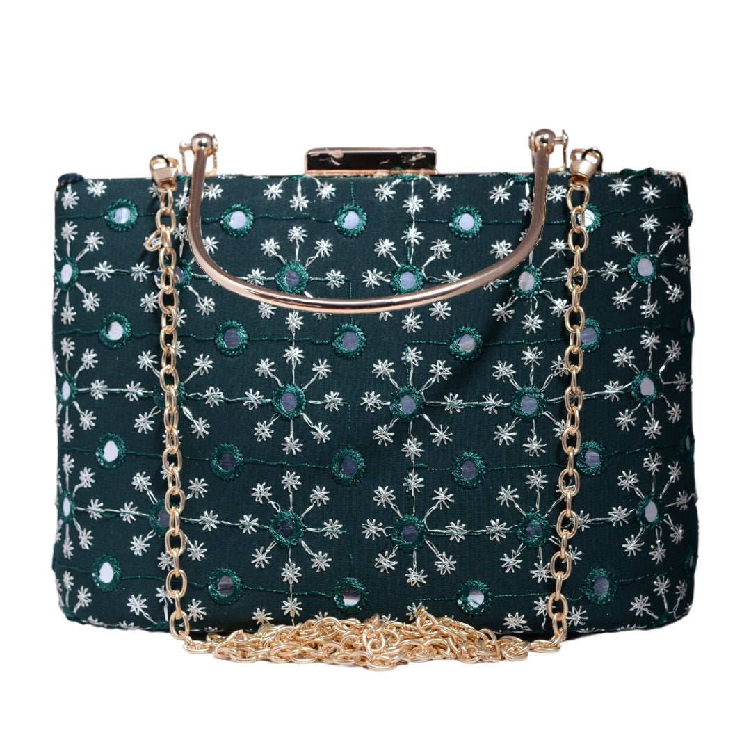 Marine Green Sequins Embroidery Party Clutch