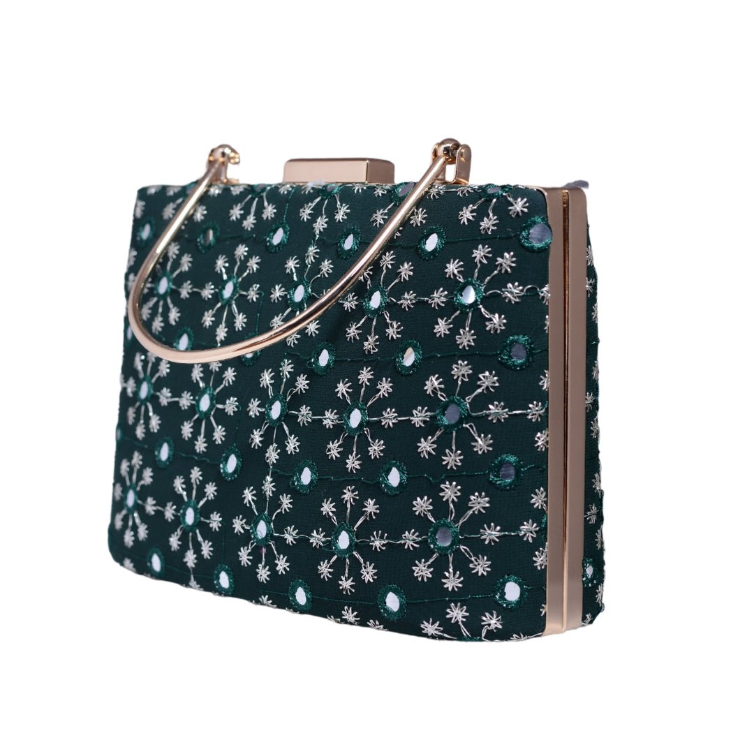 Marine Green Sequins Embroidery Party Clutch