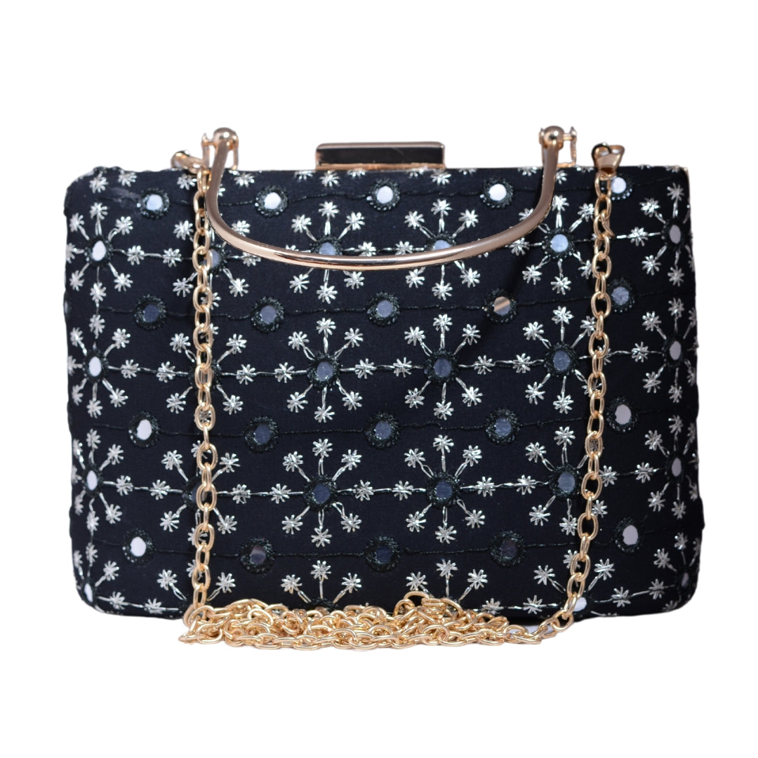 Black Thread And Sequins Embroidery Party Clutch