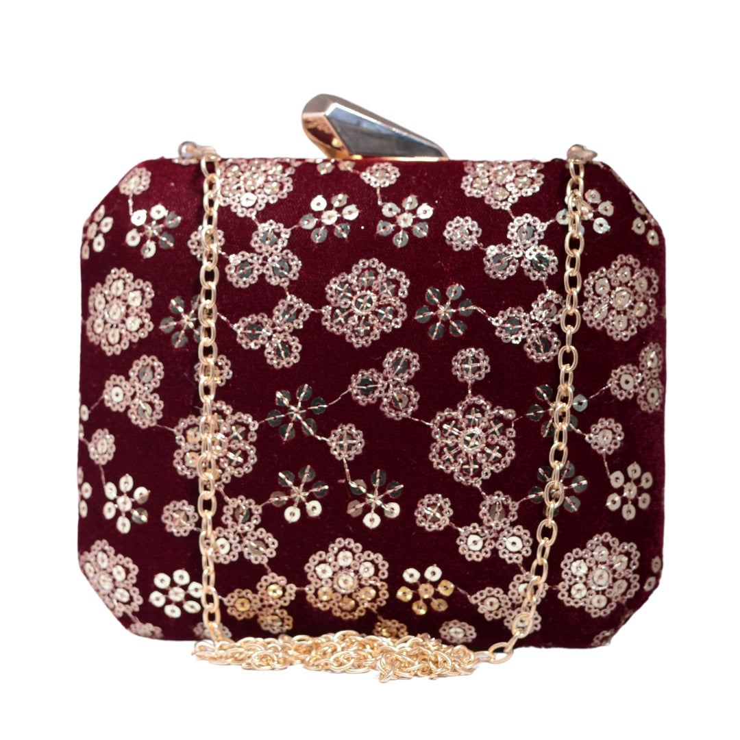 Maroon Floral Sequins Embroidery Party Clutch