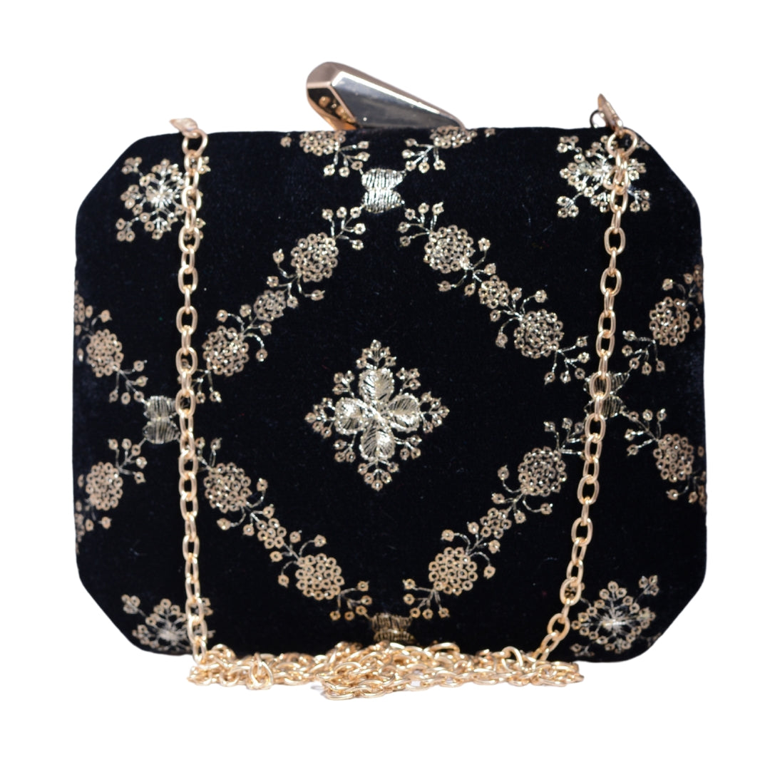 Black And Golden Sequins Embroidery Party Clutch