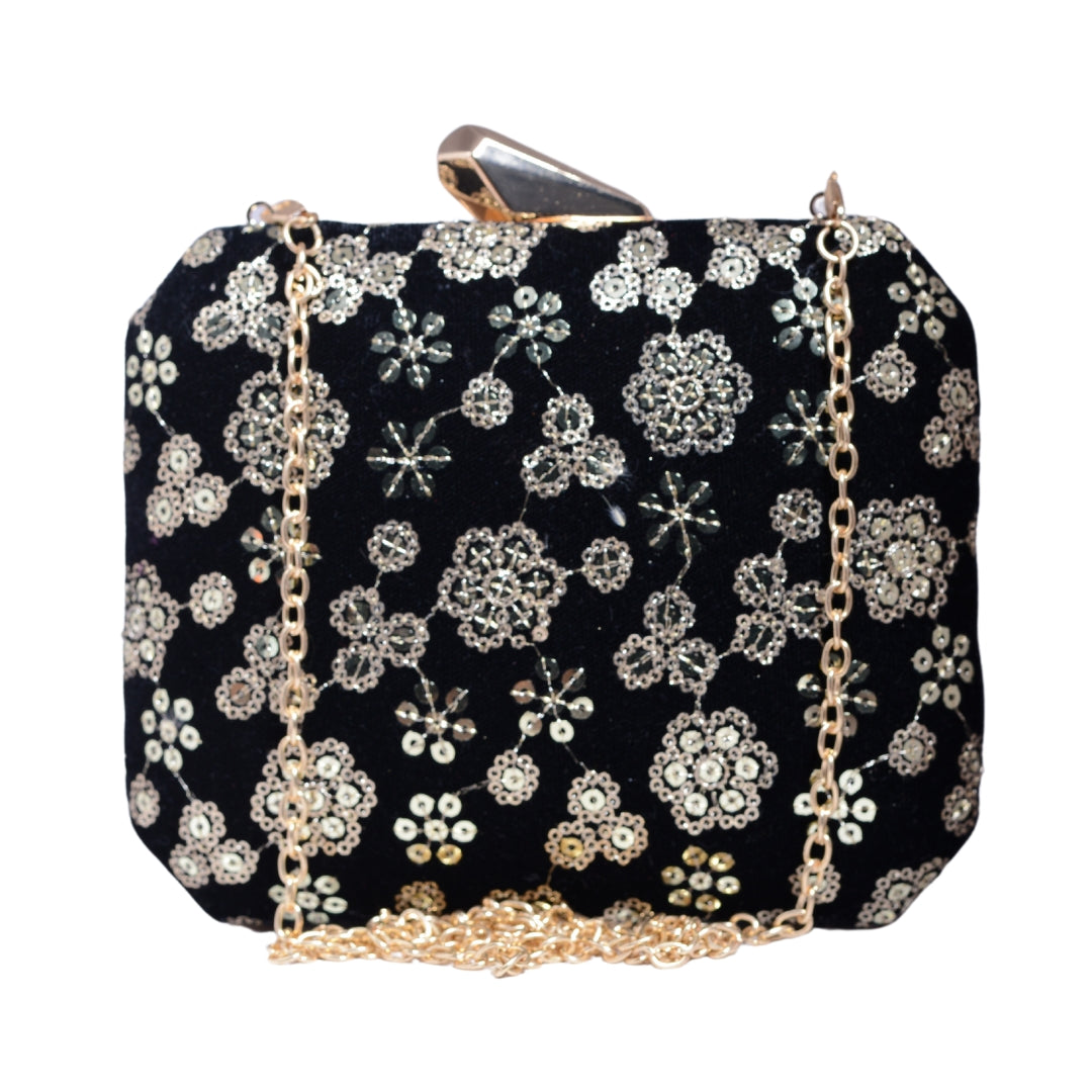 Black Floral Sequins Embroidery Party Clutch