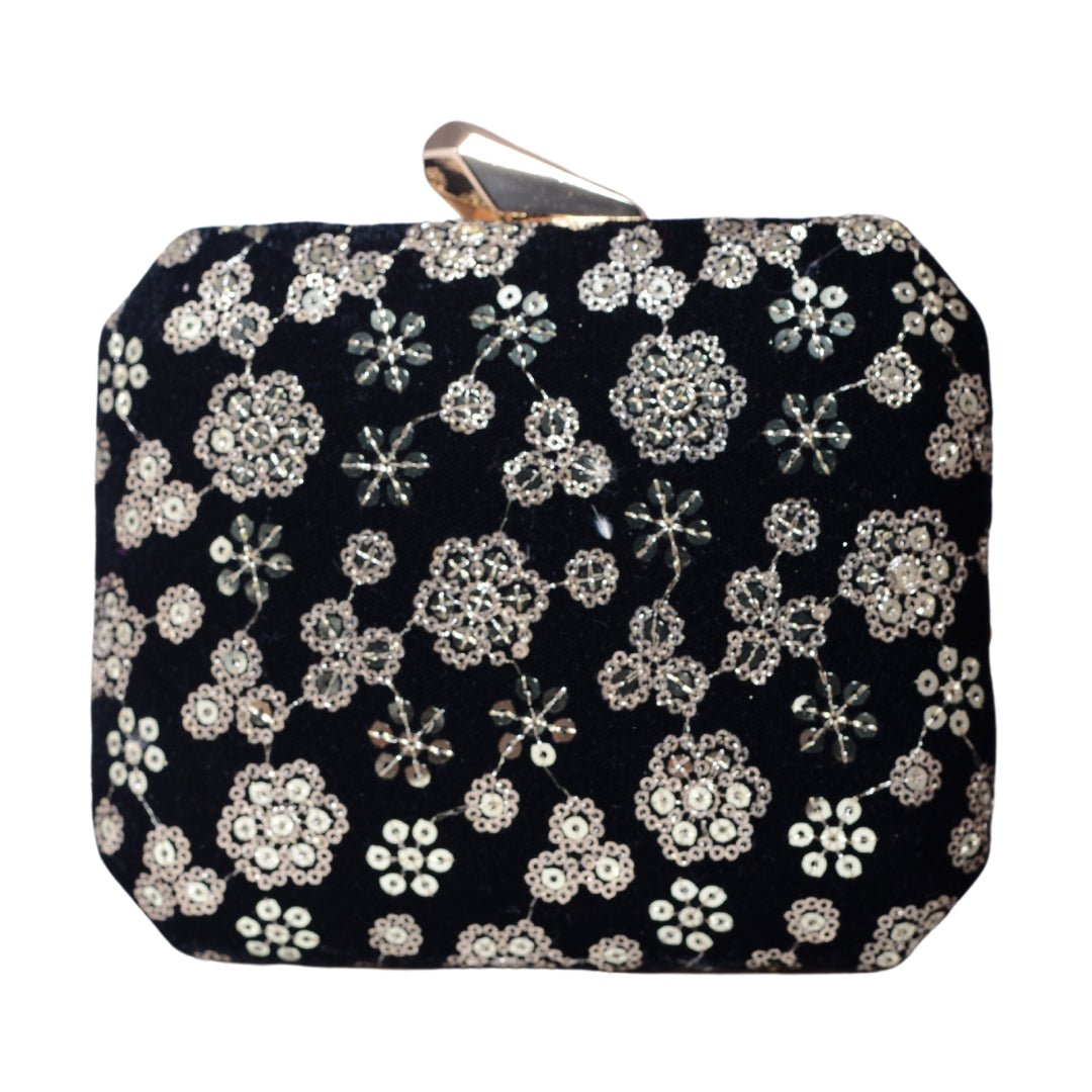 Black Floral Sequins Embroidery Party Clutch