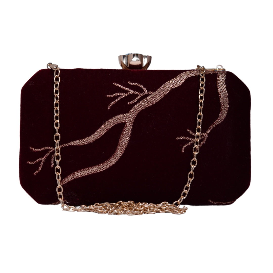 Maroon And Golden Embroidery Party Clutch