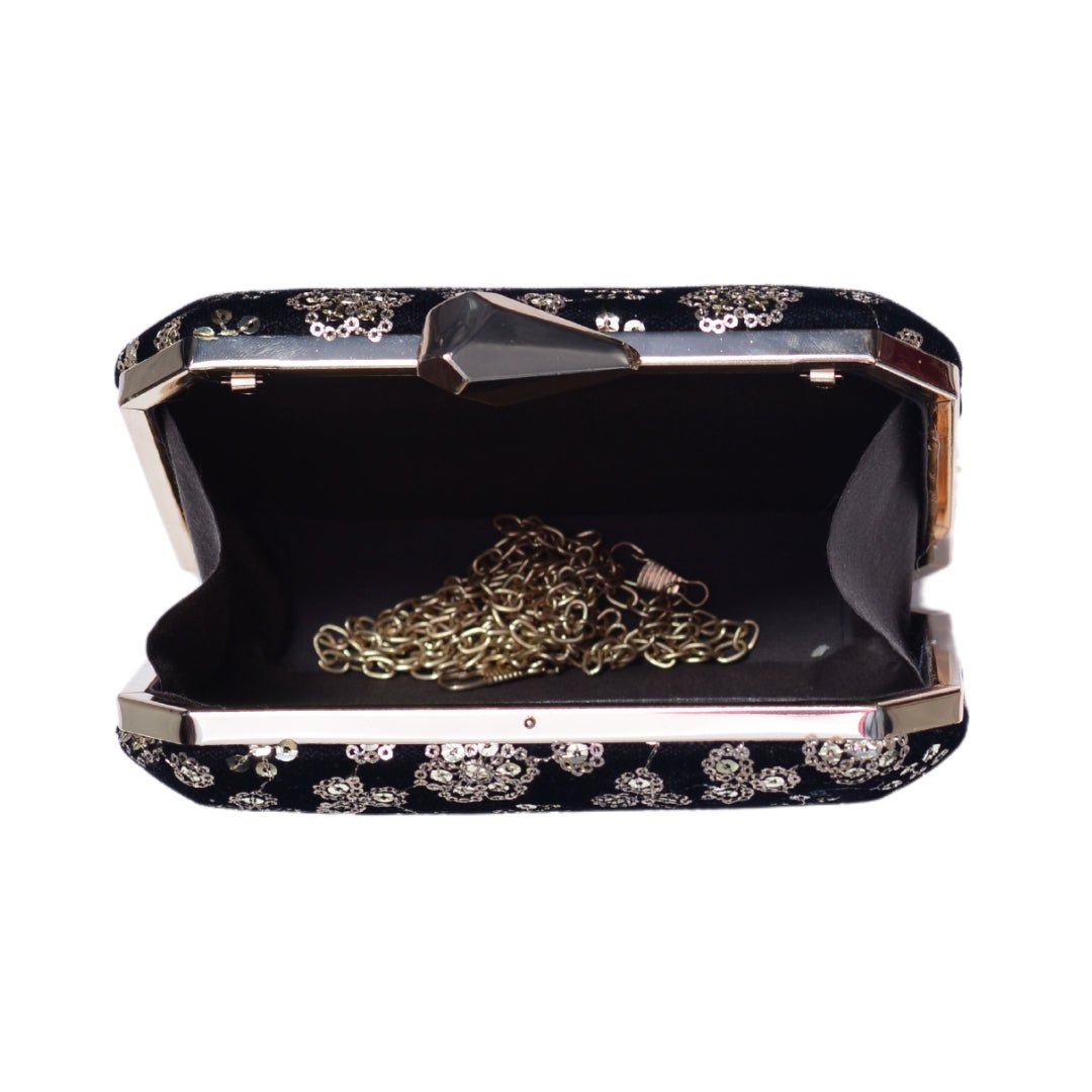 Black Floral Sequins Embroidery Party Clutch