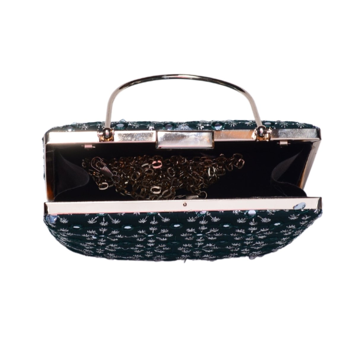 Marine Green Sequins Embroidery Party Clutch